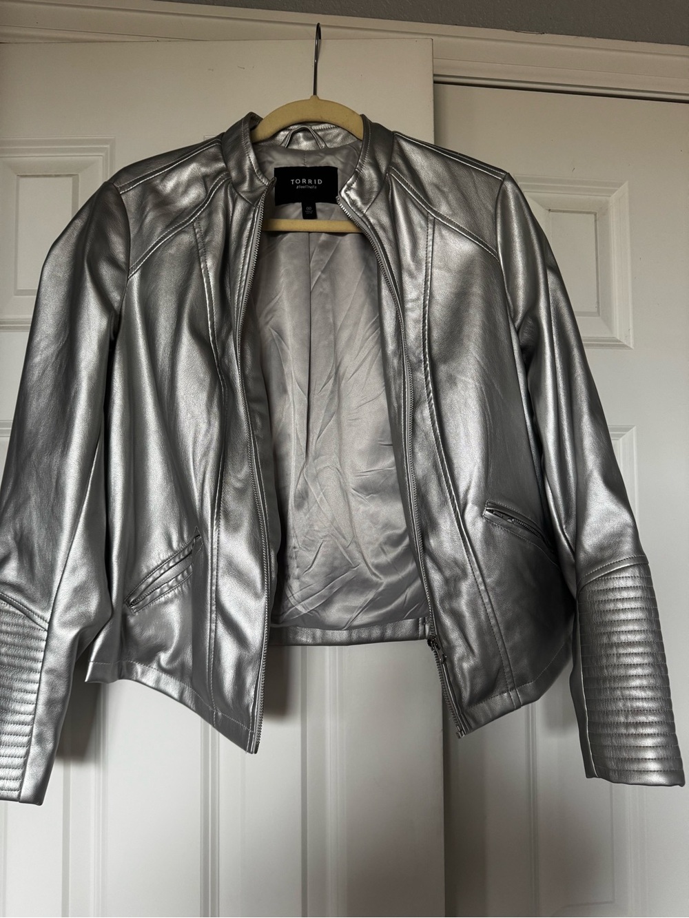 torrid Silver Metallic Moto Jacket with Quilted Sleeves